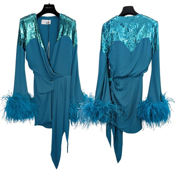 NWT Nervi Pami Teal Mini Dress with Sequin & Ostrich Feather Cuffs - Picture 3 of 12